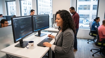 Una mujer latina sonriente trabaja en un escritorio con dos monitores de computadora que muestran código. Varios colegas trabajan en segundo plano en una oficina moderna.