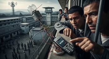 Hombres en uniforme de prisión ven un móvil con 'SIN SEÑAL' conectado a una antena casera, con patio de cárcel, torres de vigilancia y de telecomunicaciones al fondo.