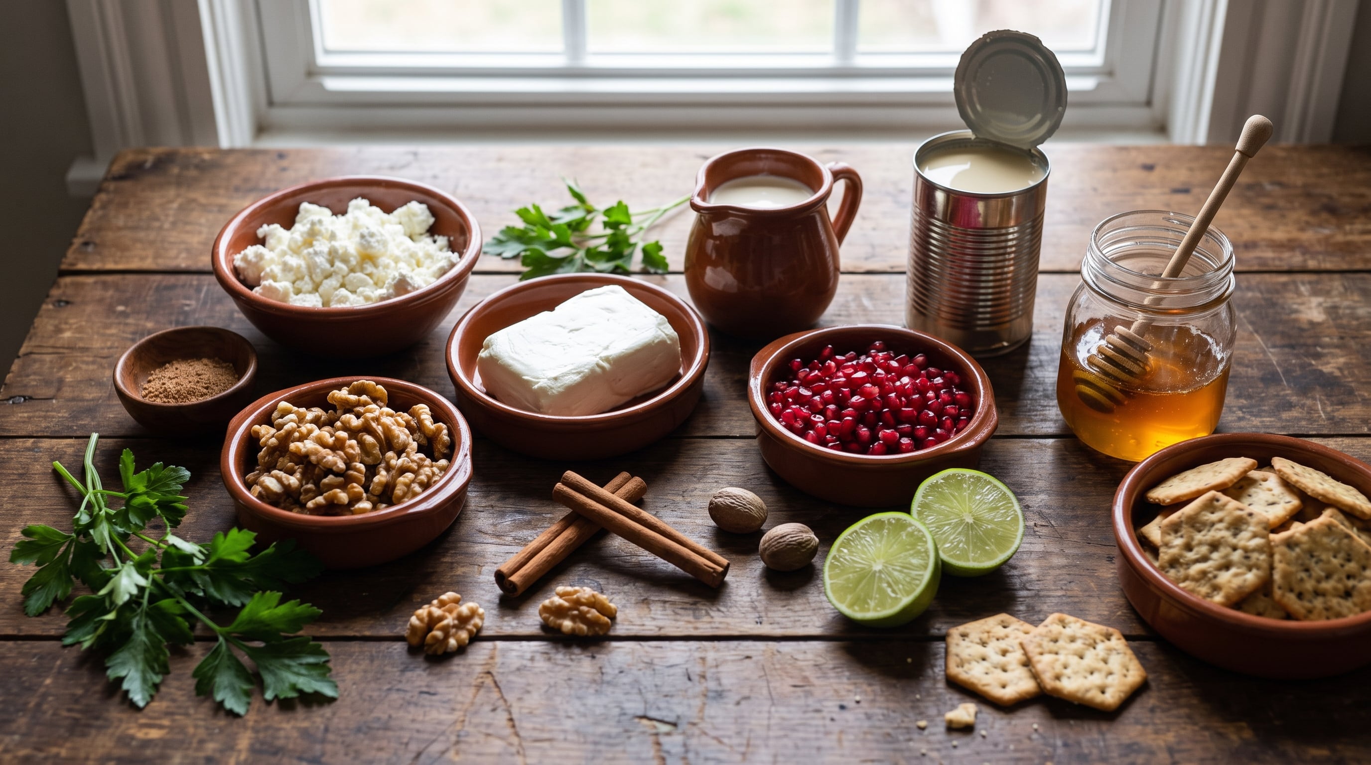 Diversos ingredientes como quesos, nuez de Castilla y granada componen la preparación de un dip de nogada sobre una mesa de madera. (Imagen Ilustrativa Infobae)