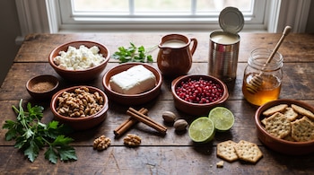 Recipientes de barro con queso, nueces, granada y galletas, junto a canela, limones, perejil y un frasco de miel sobre una mesa de madera.