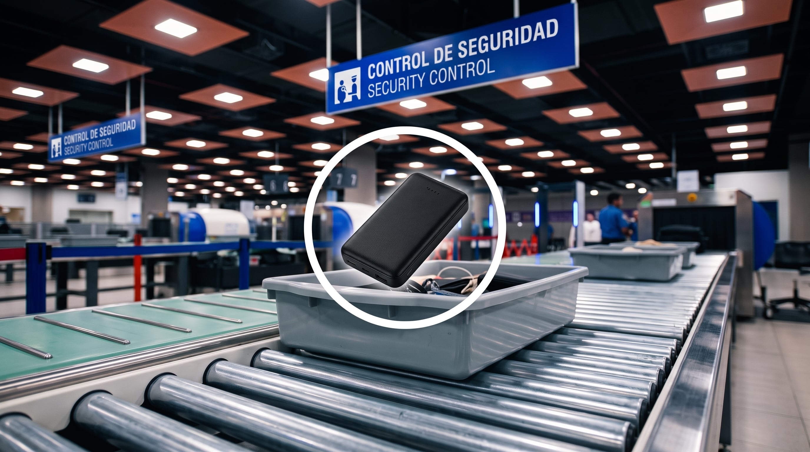 Una batería portátil dentro de una bandeja de plástico señala los elementos sujetos a revisión en el control de seguridad de un aeropuerto. (Imagen Ilustrativa Infobae)