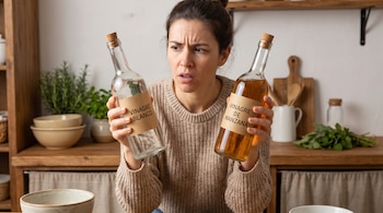 Mujer de cabello recogido sosteniendo una botella de vinagre blanco y una de vinagre de manzana. Fondo de cocina con utensilios de madera.