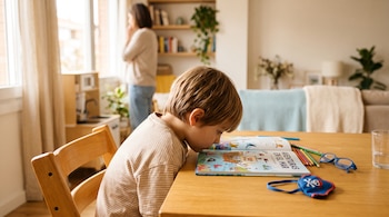 Un niño inclina la cabeza muy cerca de un libro sobre una mesa de madera donde hay lápices, unas gafas azules y un parche ocular.
