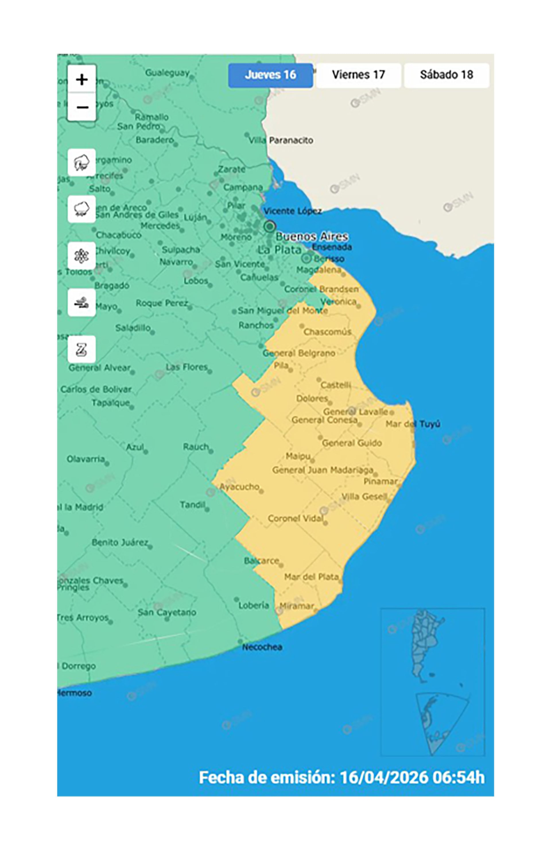 El SMN anunció alerta amarilla por tormenta en varias localidades de Buenos Aires (Captura del SMN)