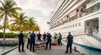 Grupo de personal de emergencia con una camilla en un muelle de madera junto a un crucero blanco. Palmeras y vegetación tropical de fondo.