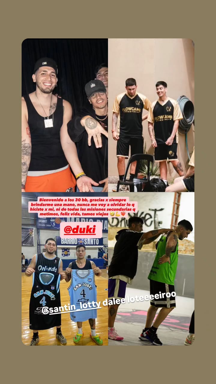 El artista Duki celebra su cumpleaños número 30 y sus amigos comparten imágenes que incluye actividades deportivas en cancha de baloncesto y reuniones casuales.