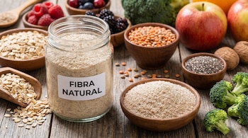 Un frasco de "Fibra Natural" y un cuenco con polvo de fibra, junto a avena, bayas, lentejas, semillas de chía, manzanas y brócoli sobre una mesa de madera.