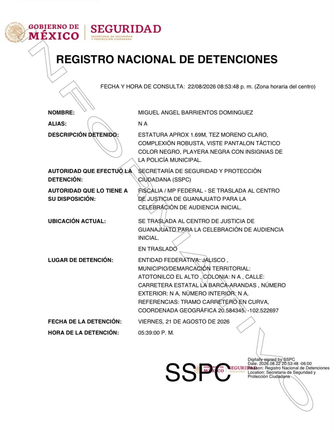 Ficha de detención del excomisario de la Policía de Atotonilco el Alto, Miguel Ángel Barrientos (especial)