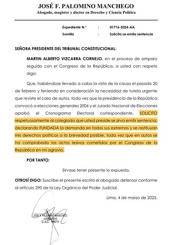 Escrito de Martín Vizcarra al