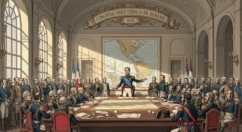 Ilustración de un gran salón con ventanales altos. Hombres en uniformes militares se reúnen alrededor de una mesa; un orador central gesticula frente a un mapa.