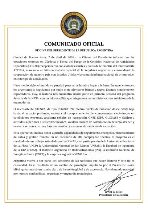 El comunicado emitido por la Oficina del Presidente, luego de que se lograra la conexión con Atenea