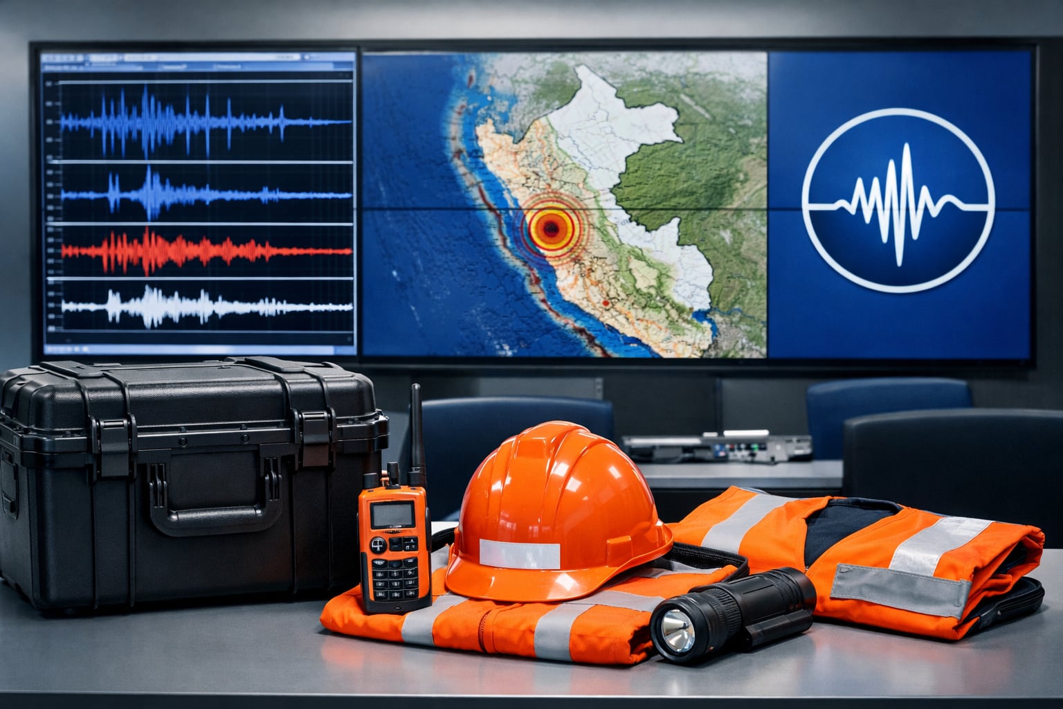 Una sala de monitoreo sísmico en Perú muestra datos de actividad geológica en una pantalla gigante, con el logo del IGP, junto a equipo de respuesta para emergencias. (Imagen Ilustrativa Infobae)