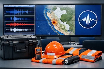 Pantalla grande muestra gráficos de ondas sísmicas, un mapa de Perú y el logo IGP. Un maletín, radio, casco, chaleco reflectante y linterna están sobre una mesa.