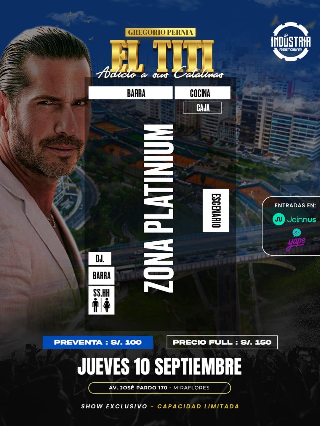 Un afiche publicitario anuncia la presentación del actor Gregorio Pernía con su espectáculo Adicto a sus Catalinas en Miraflores el 10 de septiembre.