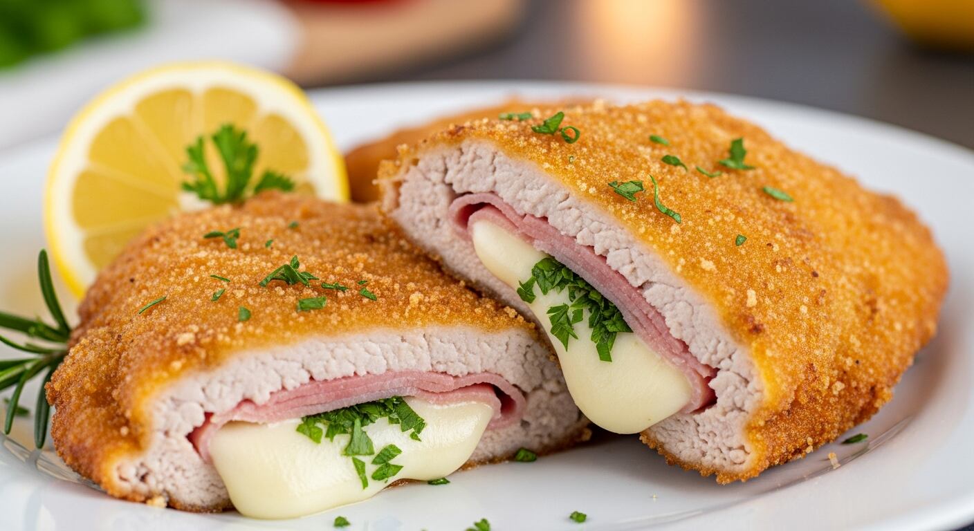 Deliciosas milanesas de cerdo rellenas de jamón, queso derretido y perejil, acompañadas de limón y romero en un plato blanco, listas para disfrutar. (Imagen Ilustrativa Infobae)