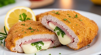 Primer plano de dos milanesas de cerdo empanizadas y doradas, cortadas por la mitad, mostrando el relleno de jamón, queso derretido y perejil fresco, adornadas con una rodaja de limón y romero en un plato blanco.