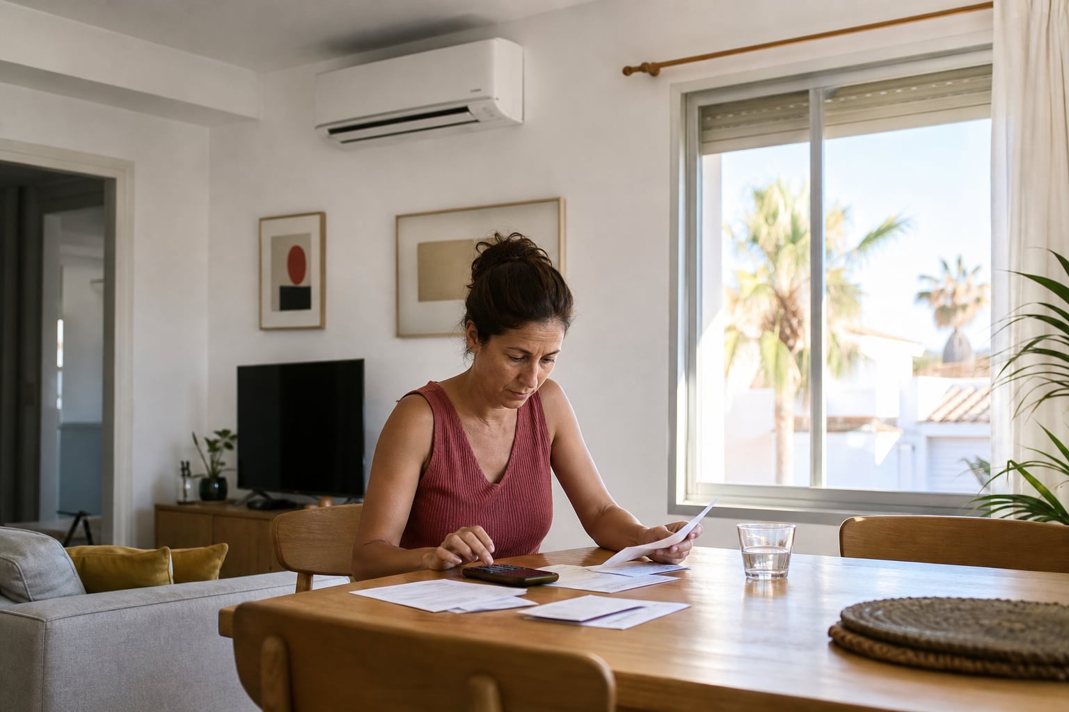 Una mujer calcula sus gastos domésticos con facturas de la luz sobre la mesa en un salón con aire acondicionado. (Imagen Ilustrativa Infobae)