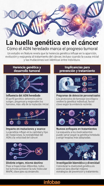 Infografía con ilustraciones de hebras de ADN, células tumorales, resonancia magnética, figuras humanas, moléculas y texto sobre la genética en el cáncer.