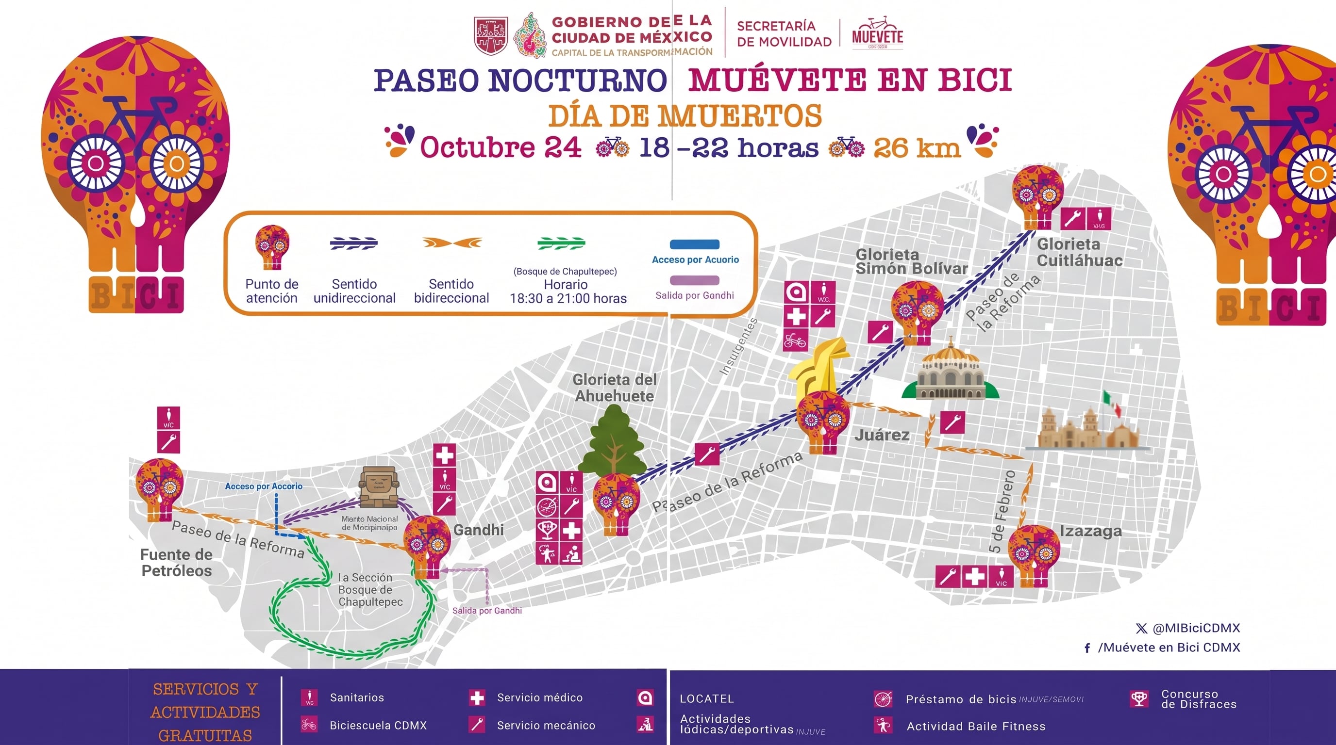 Un mapa de la Secretaría de Movilidad detalla la ruta de 26 kilómetros y los puntos de atención del Paseo Nocturno de Día de Muertos en Ciudad de México. (Imagen Ilustrativa Infobae)