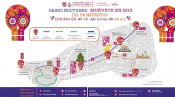 Mapa de calles de Ciudad de México con la ruta marcada para bicicletas, íconos de calaveras decoradas y una lista de servicios en la parte inferior.
