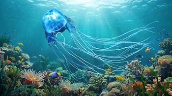 Una medusa azul brillante con largos tentáculos ondeantes nada sobre un arrecife de coral vibrante con peces de colores y anémonas marinas.
