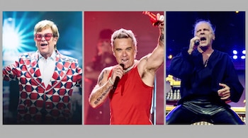 Tres fotografías yuxtapuestas de Elton John con traje a cuadros, Robbie Williams con camiseta roja y Bruce Dickinson cantando con micrófono.