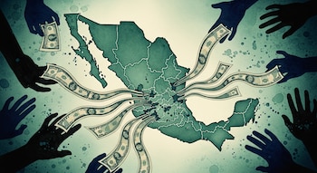 Un mapa de México en tonos verdes y beige con billetes de cien dólares fluyendo desde varias manos oscuras silueteadas en los bordes, sobre un fondo con textura.