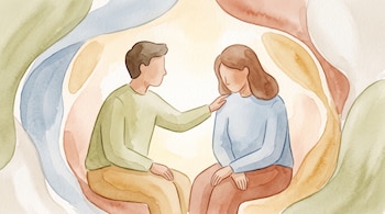 Ilustración en acuarela de dos personas sentadas, una con la mano en el hombro de la otra, rodeadas por manchas abstractas en tonos suaves.