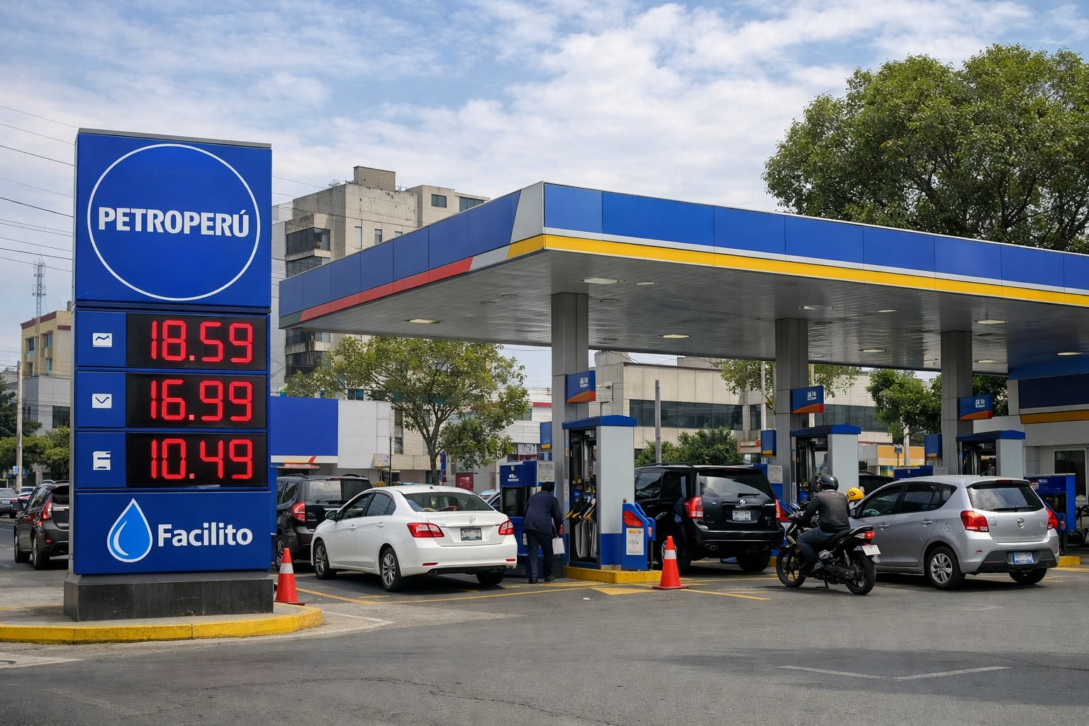 Una estación de servicio de Petroperú en Lima exhibe precios elevados para gasohol, diésel y GNV, impactando la economía local bajo un cielo parcialmente nublado. (Imagen Ilustrativa Infobae)