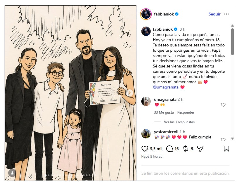 El Ogro Fabbiani y un tierno saludo para Uma. Hoy cumple 18 años (Instragram)