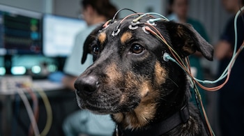 Primer plano de un perro negro y pardo con electrodos y cables colocados sobre la cabeza, frente a pantallas de ordenador desenfocadas.