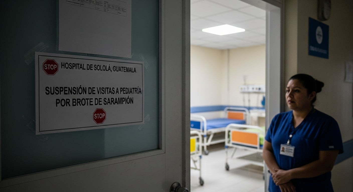Un cartel anuncia la suspensión de visitas a pediatría en el Hospital de Sololá, Guatemala, debido a un brote de sarampión, mientras una enfermera permanece atenta al lado de la entrada. (Imagen Ilustrativa Infobae)