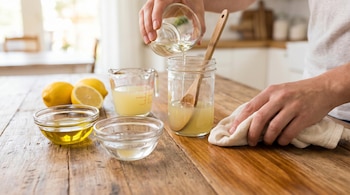 Una persona vierte un líquido transparente en un frasco con una cuchara de madera, junto a recipientes con aceite, vinagre, limones y jugo de limón sobre una mesa de madera.