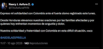 Nasry Asfura reiteró la cercanía entre ambas naciones al enviar un pronunciamiento de apoyo a la población afectada por el temblor registrado este lunes, en medio de la respuesta de los servicios de emergencia