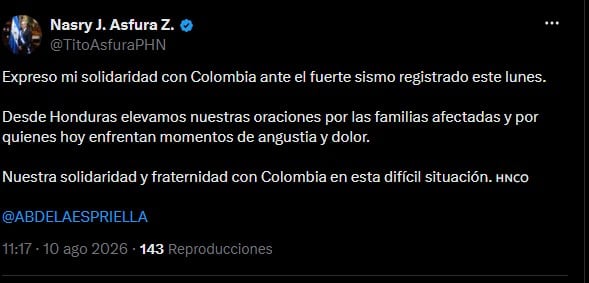 Nasry Asfura reiteró la cercanía entre ambas naciones al enviar un pronunciamiento de apoyo a la población afectada por el temblor registrado este lunes, en medio de la respuesta de los servicios de emergencia