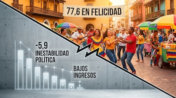 Composición diagonal. Arriba: gente feliz en calle colonial vibrante con cartel. Abajo: gráficos de barras decrecientes y texto sobre hormigón.