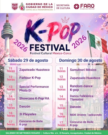 Cartel del K-Pop Festival 2026 con el horario de actividades del sábado 29 y domingo 30 de agosto