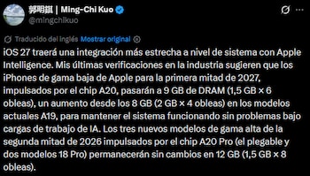 El analista Ming-Chi Kuo reveló que Apple aumentaría la memoria RAM del iPhone 18.