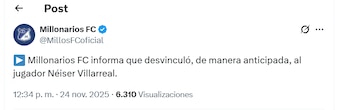 Post de Millonarios sobre la continuidad de Neiser Villarreal - crédito Millonarios FC