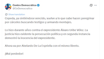 A través de una publicación en X, la colectividad aseguró que Cepeda estaría recurriendo nuevamente a estrategias que, según el partido, ya utilizó en procesos relacionados con el expresidente Álvaro Uribe Vélez - crédito @CeDemocratico/X