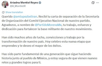 Ariadna Montiel respalda la salida de Andy López Beltrán y su proyecto rumbo a 2027.