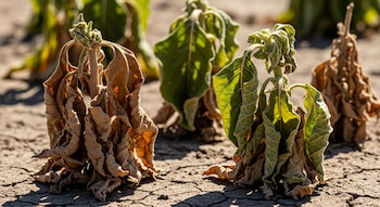 Primer plano de plantas en un campo. Algunas están completamente secas y marrones, otras tienen hojas verdes marchitas. El suelo es seco y agrietado bajo el sol.