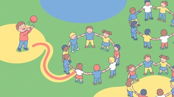 Ilustración plana de un patio de escuela con un niño jugando con una pelota, grupos de niños tomados de la mano en círculos y una línea curva que los conecta.