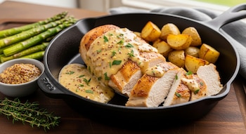 Pechuga de pollo cocida y cortada con salsa de mostaza en sartén, patatas asadas, espárragos, cuenco con mostaza en grano y tomillo fresco sobre tabla de madera.