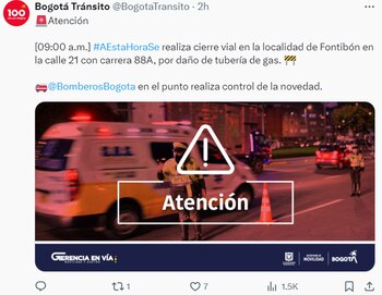 Cierre vial en Fontibón por un daño. Autoridades realizan control - crédito @BogotaTransito/X