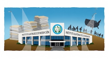 Ilustración de un edificio del Instituto Guatemalteco de Migración con su logo, pilas de expedientes, siluetas de personas caminando y el mapa de Estados Unidos.