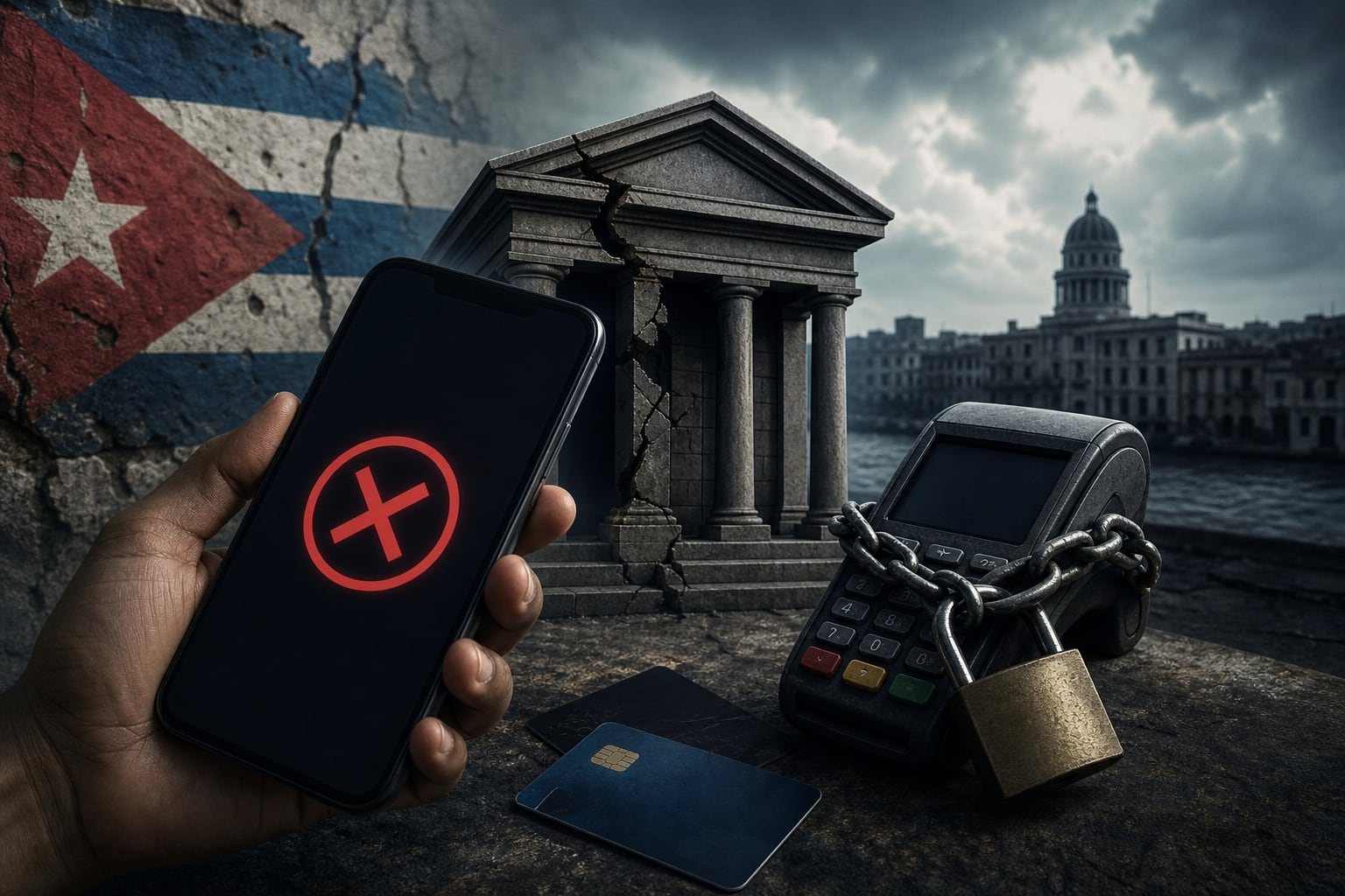 Un teléfono móvil con una señal de error y un datáfono encadenado simbolizan las dificultades de los pagos digitales y las transferencias bancarias en Cuba. (Imagen Ilustrativa Infobae)