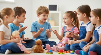 Seis niños y niñas, de 4 a 8 años, sentados en el suelo. Juegan con muñecas y varios juguetes, gesticulando y conversando. Hay un dispositivo digital al fondo.