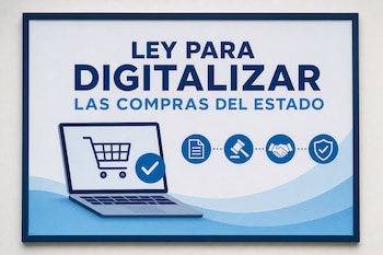Cartel enmarcado con el texto Ley para digitalizar las compras del Estado junto a una computadora portátil y cuatro iconos con símbolos.