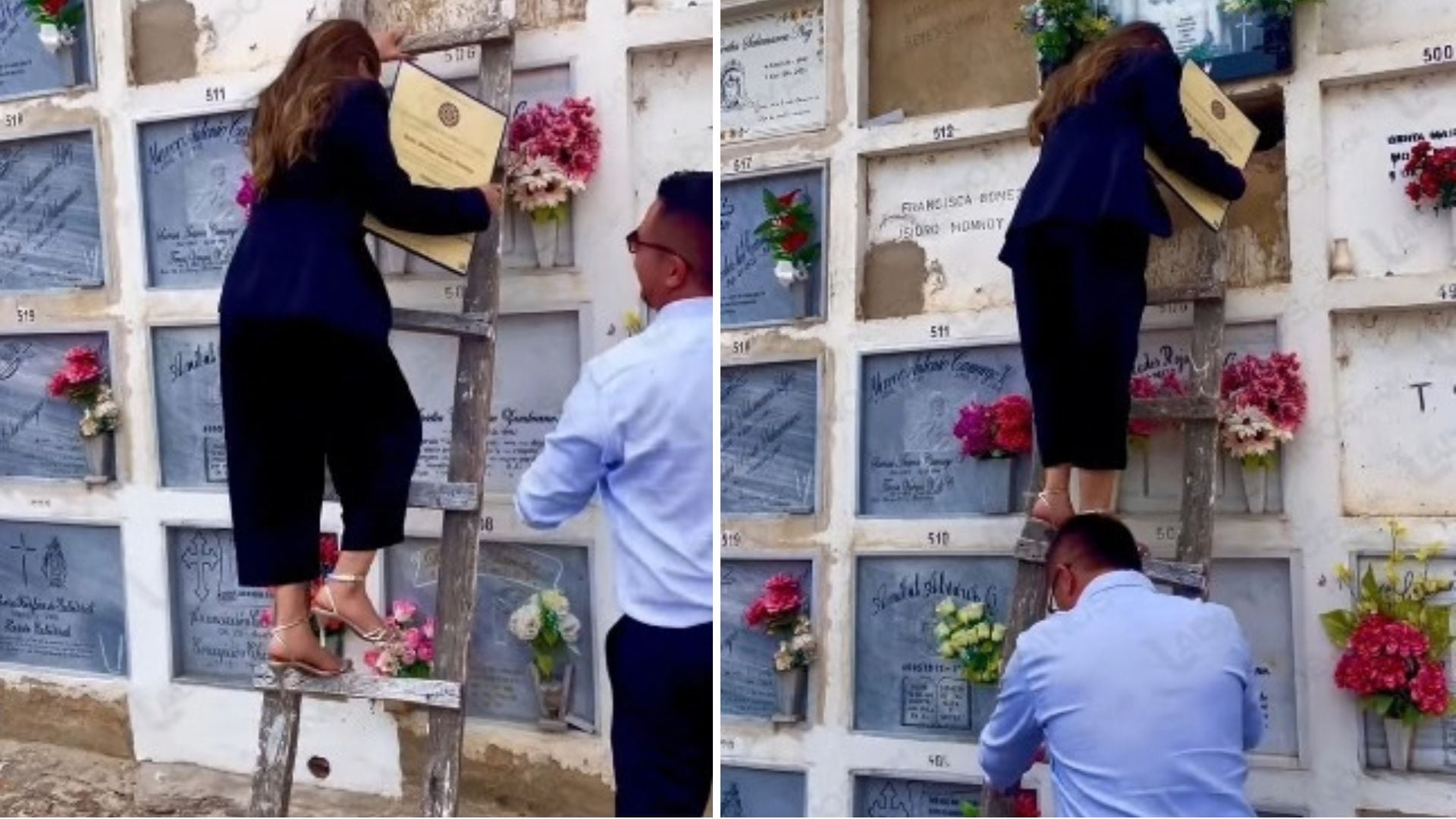 La graduada dedicó el mensaje “Papá, lo logramos” a su progenitor frente al sepulcro - crédito Captura video